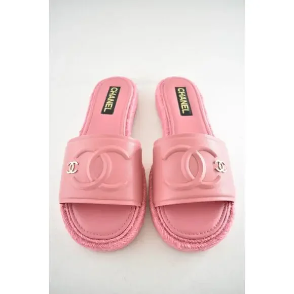 Chanel 23C Pink Lambskin Leather CC Logo Slide Sandal Slip Espadrille Flat 42 - Picture 7 of 15